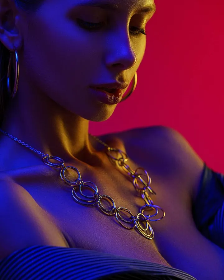 Femme en gros plan, visage de profil, bijoux dorés, lumière bleue et rouge.
